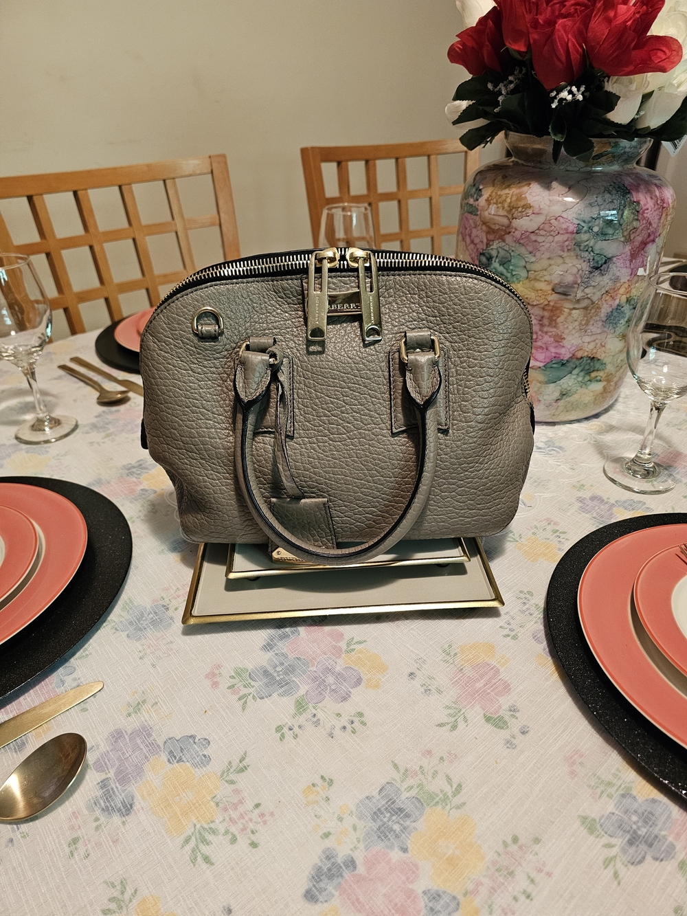 Burberry Gray Leather Dome Satchel Handbag